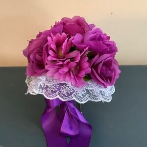 Magenta purple Gerber daisy and roses bridal bouquet